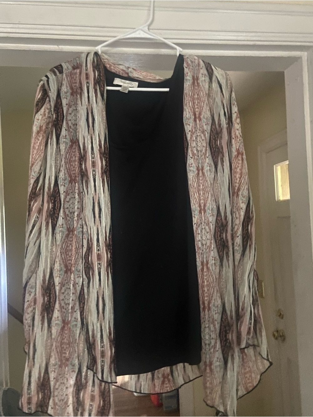 Dress Barn Black Tank with Blush and Cream Patterned Open Cardigan